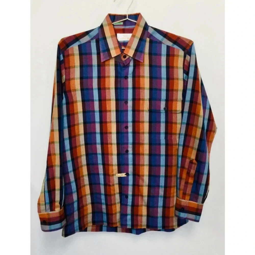 Vintage Men's Countess Mara‎ Plaid Shirt Orange Purple Size Medium 18.5